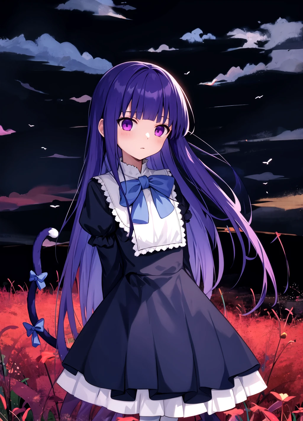masterpiece, best quality, outdoors, red lights everywhere, frederica bernkastel, hands behind your back, background empty field to the horizon, dark background,  dark clouds sky , 1girl, tail, solo, purple eyes, dress, long hair, cat tail, blue hair, bow, socks, ribbon, kneehighs, frills, White background, <lora:Frederica Bernkastel anyloraCheckpoint8ep20r512512-000003:0.7>