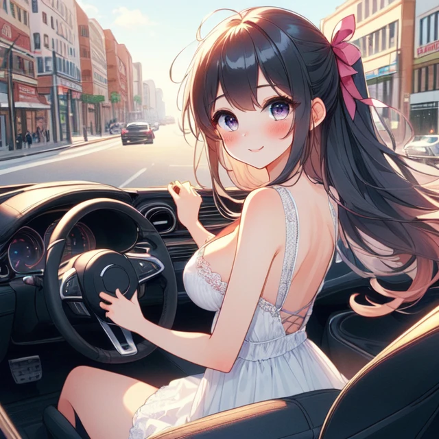 (((masterpiece))), (((best quality))), ((girl driving cabrio on busy street)), ((from behind)), ((looking viewer)), ((windshield)), one-hand fingers holding on steering wheel, pink strap cut-out gown, ribbon, longhair in wind, cleavage, big tits, smile, shy, blush, stockings,<lora:EMS-260531-EMS:1.000000>