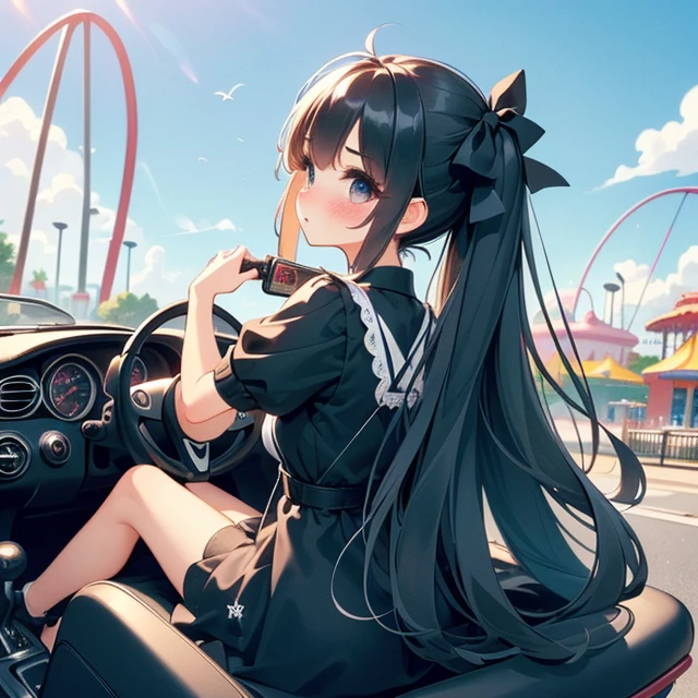 (((masterpiece))),  (((best quality))),  (((from behind))),  (((from side))),  (((looking viewer))),  (((half body))),  ((1girl sitting on mini car)),  ((ground in amusement park)),  ((hands on steering wheel)),  black gothic cute little dress,  wind,  ribbon longhair,  shy,  blush,<lora:EMS-262092-EMS:0.800000>