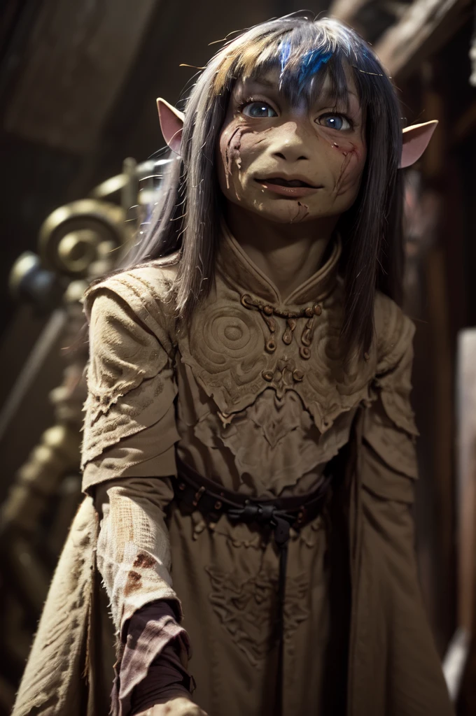 gelfling, jen, dark hair,upper body, robes, evil expression, crumbling skin, hairloss, wounded, fringe, desaturated colours, looking up, <lora:Jen__Kira_Dark_Crystal:1>