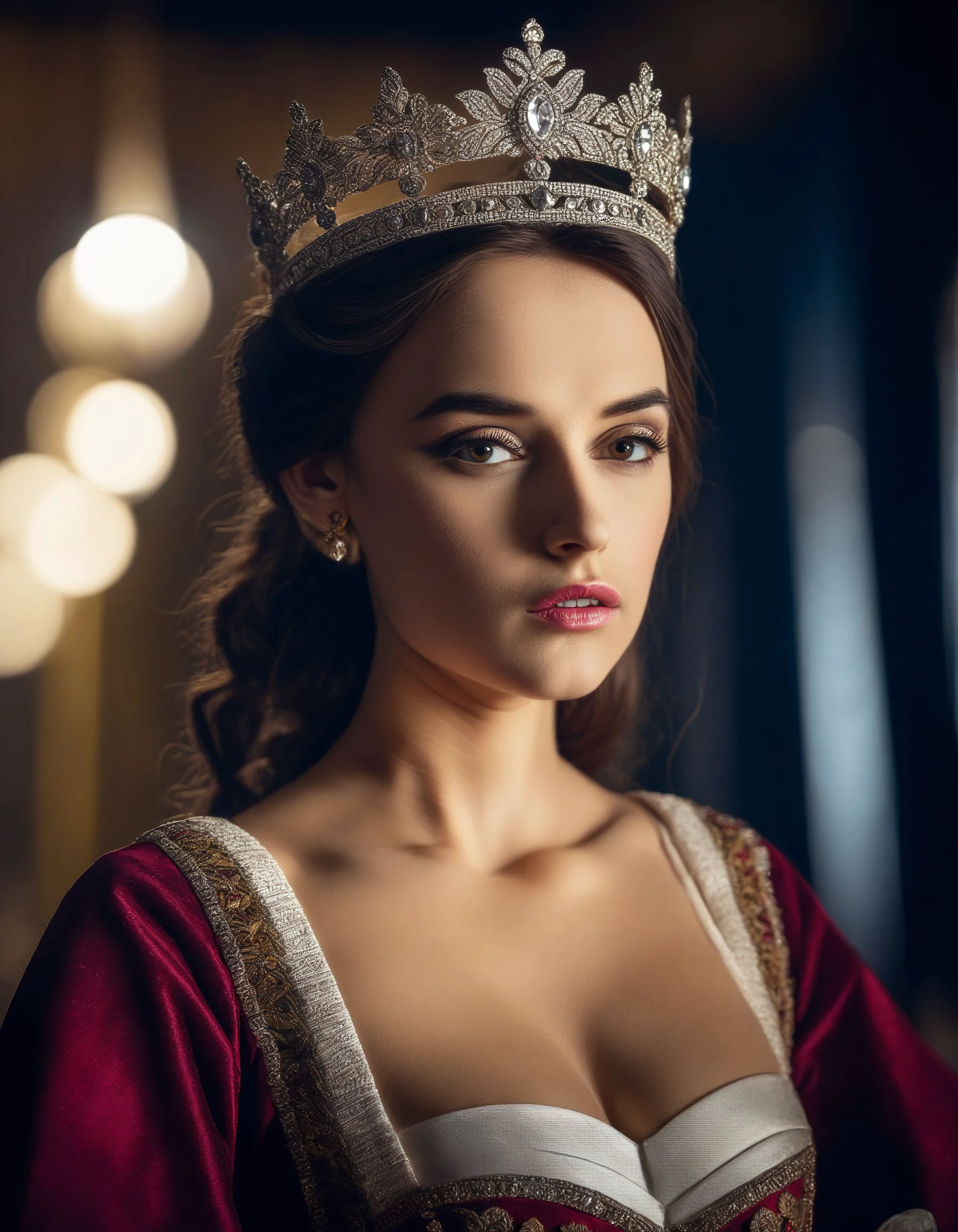 cinematic film still a close-up photo of GloriaSolSDXL, looking at the viewer, majestic queen attire with intricate details, dramatic studio setting, spotlight lighting <lora:GloriaSolSDXL:1> . shallow depth of field, vignette, highly detailed, high budget, bokeh, cinemascope, moody, epic, gorgeous, film grain, grainy
