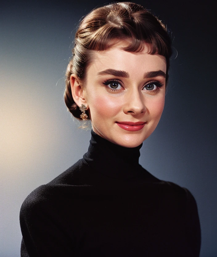 <a8dr1>, Ultra-HD-realistic-details, upper body, Black background, smile, Colorful dress, turtleneck, 60s style, Soft and sweet feature, jewelry