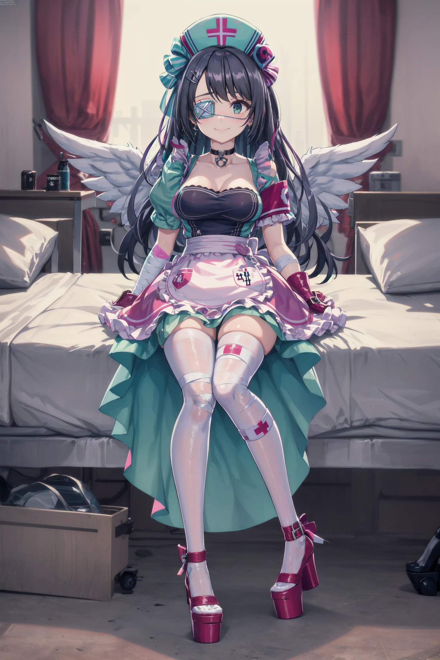 masterpiece, absurdres, uhd, hospital, indoors, pov,
sitting, honey smile,
marian, long hair, magicamaiden, nurse cap, hair bow, hair ornament, eyepatch, earrings, choker, aqua dress, heart, puffy short sleeves, armband, apron, feather wings, long skirt, frills, mismatched legwear, striped, bandages, platform footwear, capsule, stuffed_bunny, platform footwear, heels
<lora:MGCM-marianne-t1-000100:0.8>