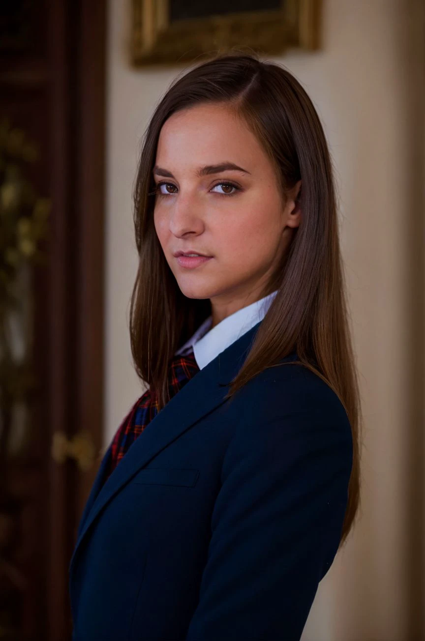 A stunning intricate full color portrait of a 28 year old woman, school uniform, Dead Poets Society movie set, epic character composition,by ilya kuvshinov, alessio albi, nina masic,sharp focus, subsurface scattering, f2, 35mm,shy, film grain <lora:amiraadara:1>