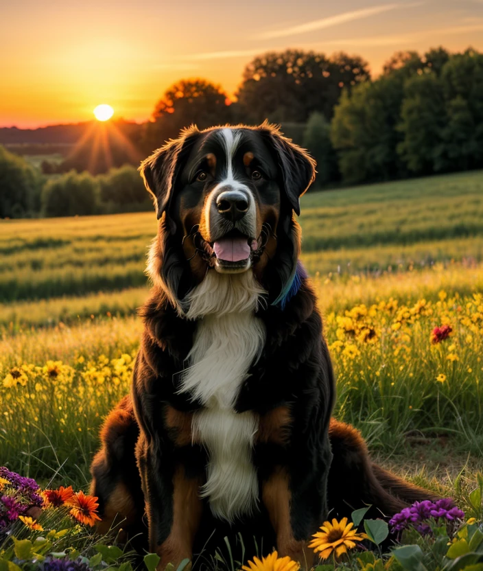 <b0d3b3>, spectacular light, upper body, Leaves, sunset, Colorful flowers, close portrait photo, Twilight, Green meadow, Ultra-HD-details, fireflies