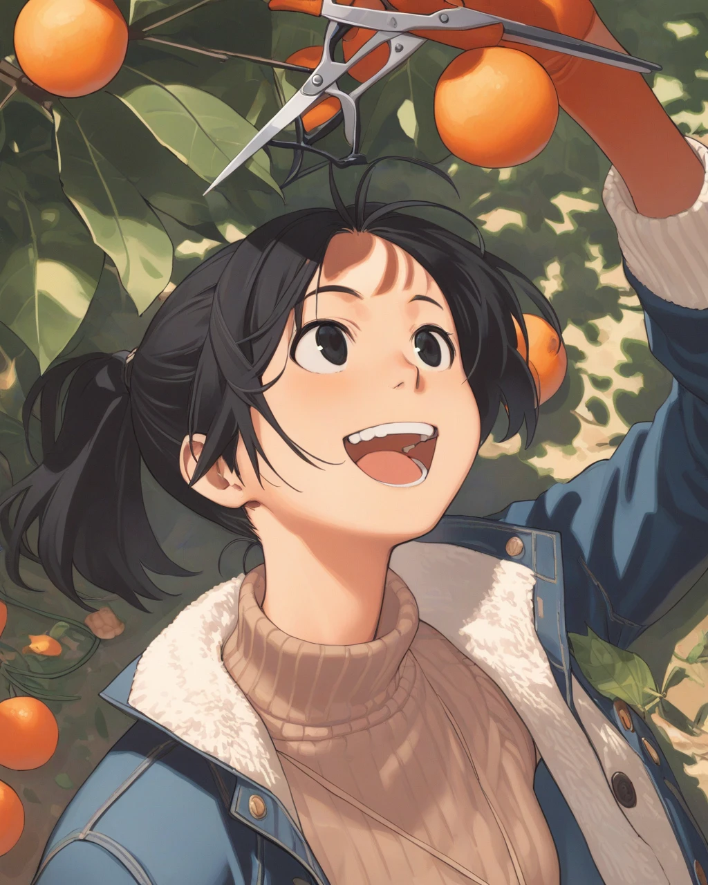 masterpiece,best quality,<lora:col_xl:1>,1girl, solo, hat, fruit, scissors, black hair, food, jacket, smile, open mouth, black eyes, gloves, holding, holding scissors, sweater, denim jacket, arm up, ponytail, upper body, looking up, short hair, :d, blue jacket, tree, leaf, orange (fruit), denim, teeth, outdoors,
