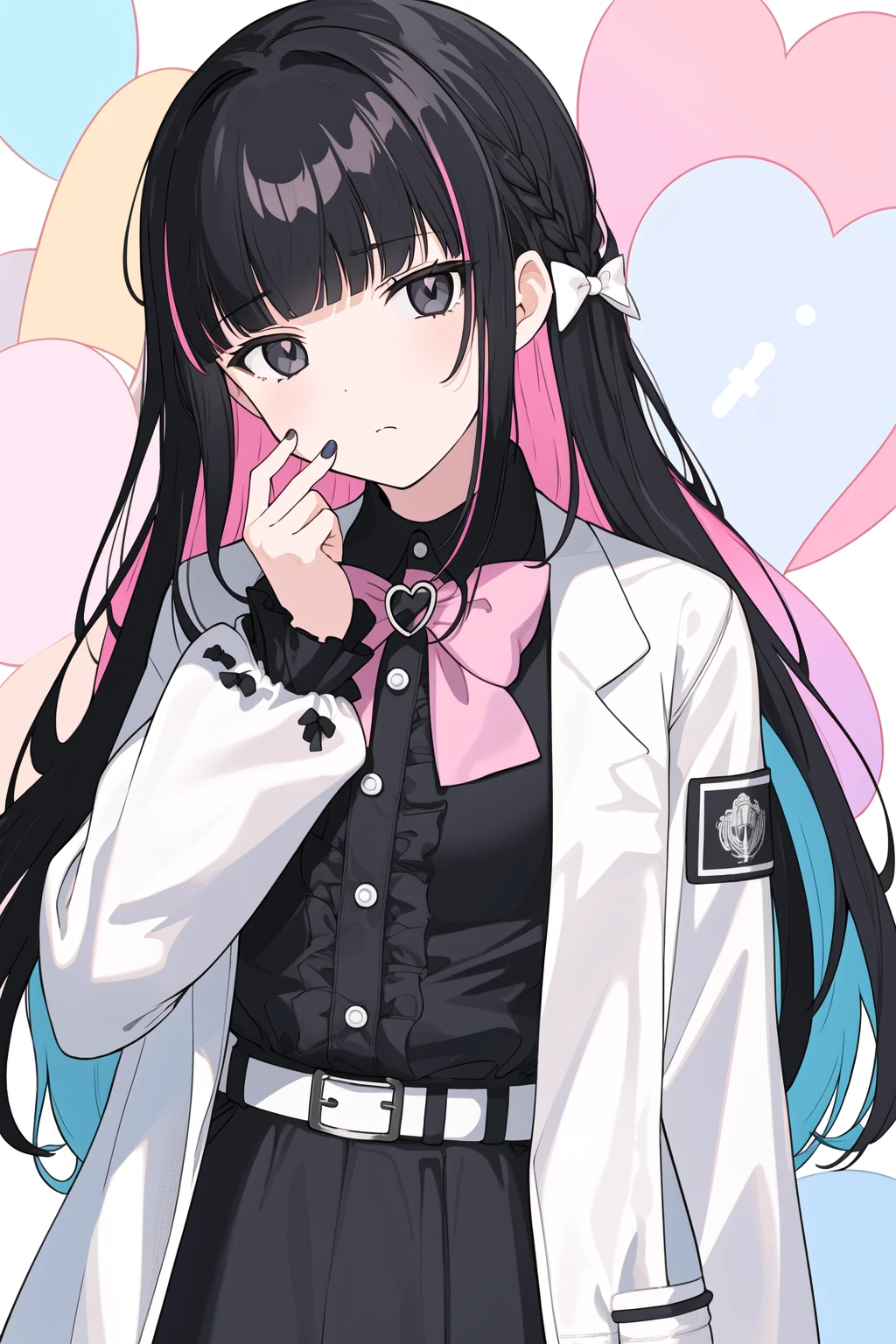 1girl, solo, long hair, black hair, bangs, looking at viewer, black eyes, frills, blunt bangs, long sleeves, frilled shirt, bow, skirt, frilled sleeves, black skirt, belt, shirt, multicolored hair, head tilt, black bow, heart, tile wall, pink nails, bowtie, closed mouth, upper body, cross-laced clothes, labcoat, black shirt, fingernails, white coat, nail polish, jirai kei