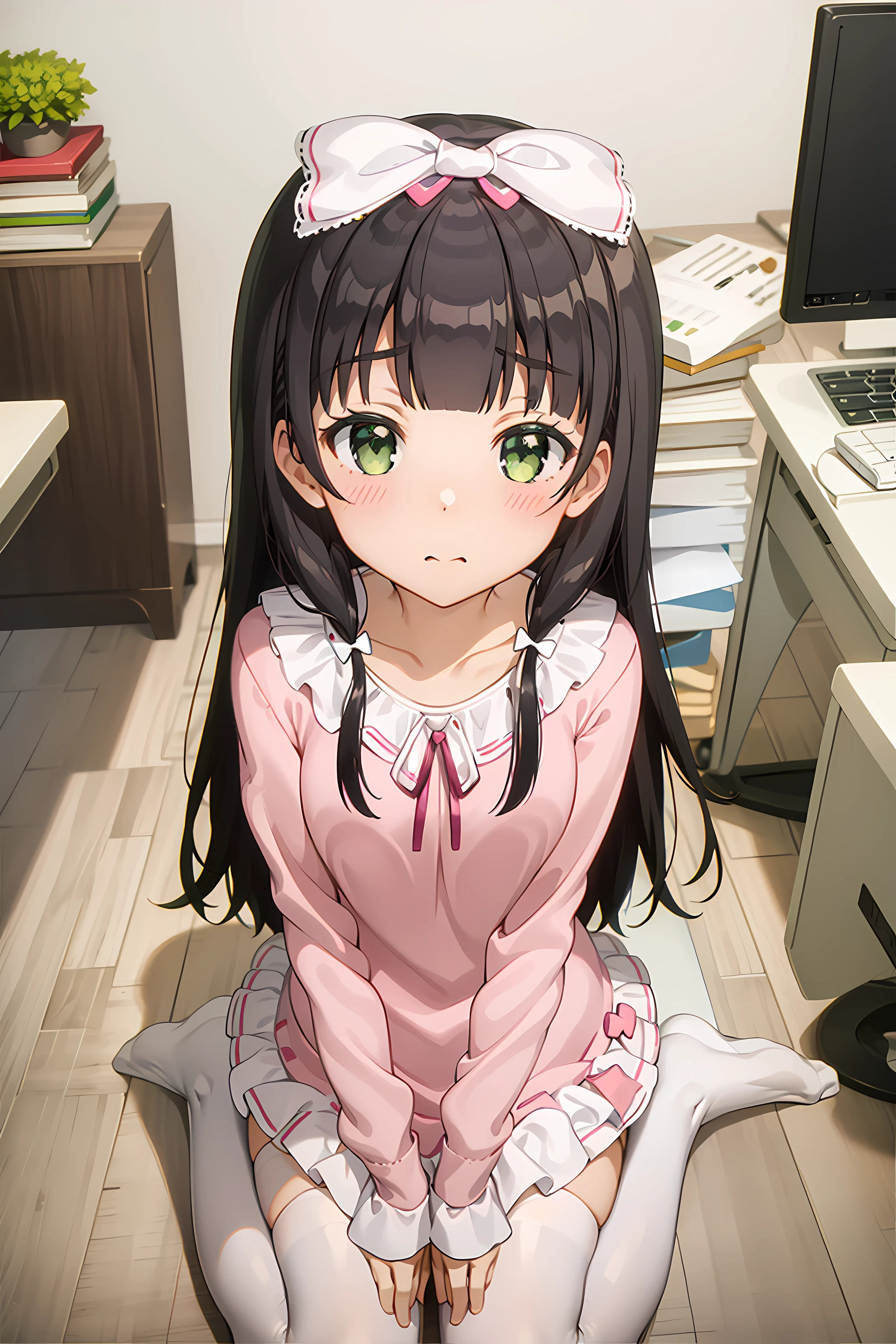 best quality, masterpiece, detailed,
<lora:ImoutoSaeIrebaIi_MikuniyamaKaiko:0.9>, MikuniyamaKaiko,
solo, closed mouth, blush,
long hair, brown hair, green eyes, hair bow, white bow,
KaikoDress, pink dress, ribbon,
wariza, looking at viewer,
indoors, office, table, bookshelf