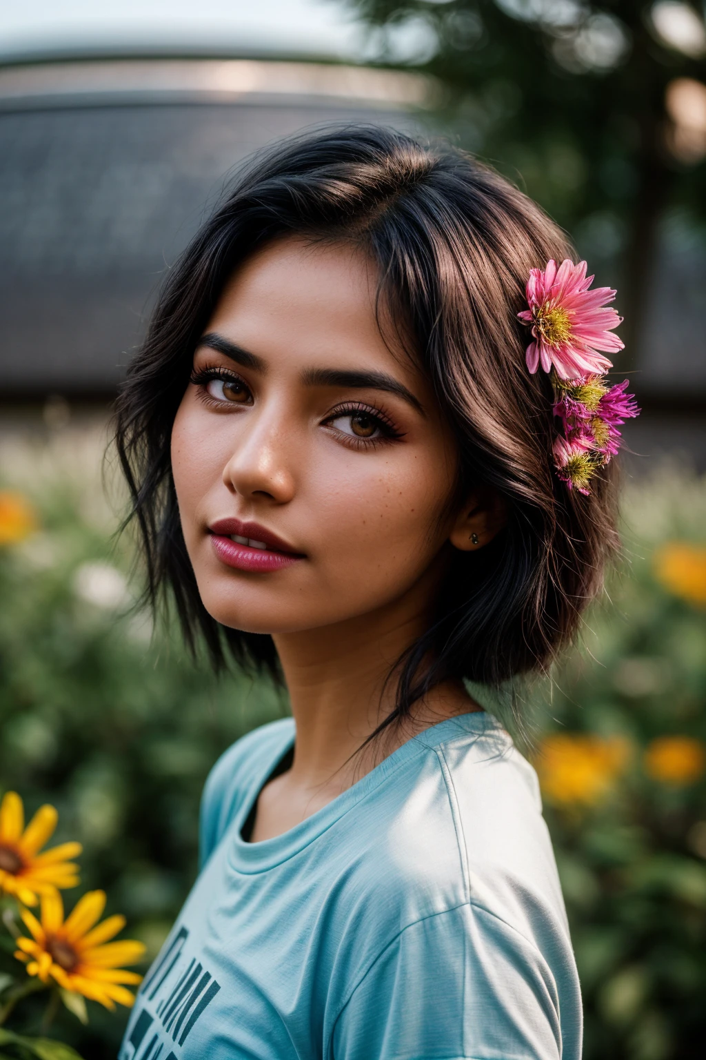 photo of (EPM4cWh4l3:0.99), closeup portrait, perfect hair, (modern photo, Floral print t-shirt with a mix of vibrant wildflowers and lush foliage), 24mm, (analog, cinematic, film grain:1.3), (([time distortion research lab, programmable smart nanomaterials,metal roofing sheets,green roofing roof, bioluminescent organisms,twilight, garden lighting| spaceship], gradient:1.1)), ((detailed eyes)), ((eyeliner, long lashes)), (epicPhoto), long eyelashes, (perfect waist), (pink painted lips)