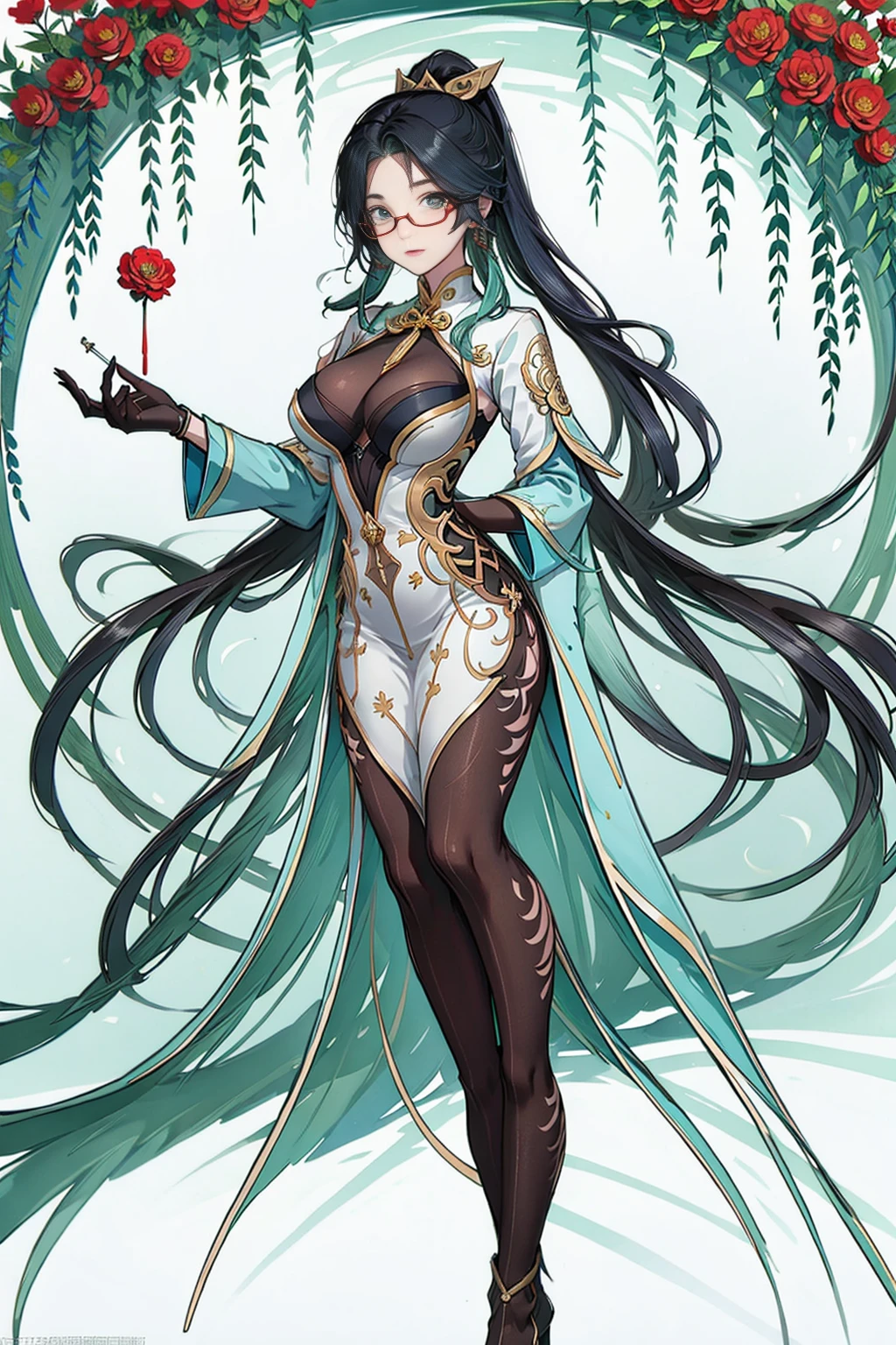 genshin_impact,Cloud Retainer,liuyunjiefeng, liuyunjiefeng_(genshin_impact),
a woman with long hair and a white dress holding a cigarette in her hand and a flower in her hair, 1girl,solo, glasses, hair_over_one_eye, earrings, flower, breasts, long_hair, green_eyes, dress, solo, chinese_clothes, black-framed_eyewear, jewelry, very_long_hair, looking_at_viewer, china_dress, long_sleeves, wide_sleeves, holding,full body,Large chest,long legs,
cleavage,
high heels,
high-heeled shoes,
Black stockings,
address,
Yarn long skirt