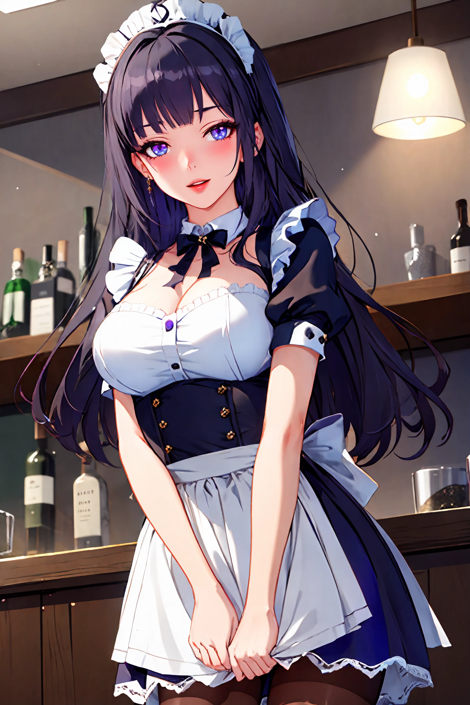 1girl, raiden mei, solo, maid, maid headdress, maid apron, light smile, pantyhose, open mouth, blush, parted lips, looking at viewer, cowboy shot, bar \(place\), indoors, depth of field, masterpiece