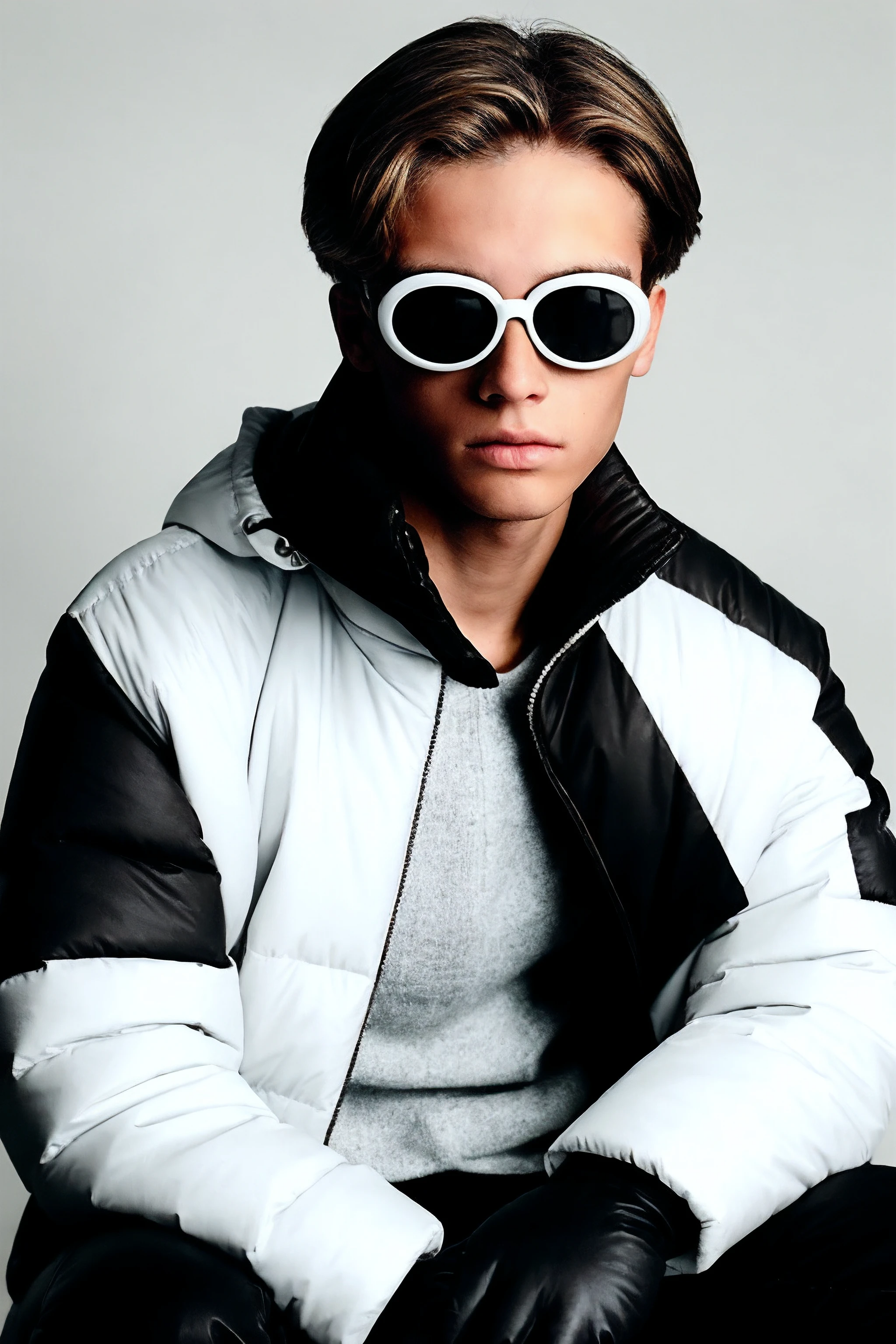 RAW photo, film grain, sitting on stool, looking at viewer, (young man), short brown hair, (curtainpartedhair), clout goggles, large ((white)) puffer jacket, gloves, stern expression, simple black background <lora:curtainpartedhair:1> <lora:cloutv2:0.5>