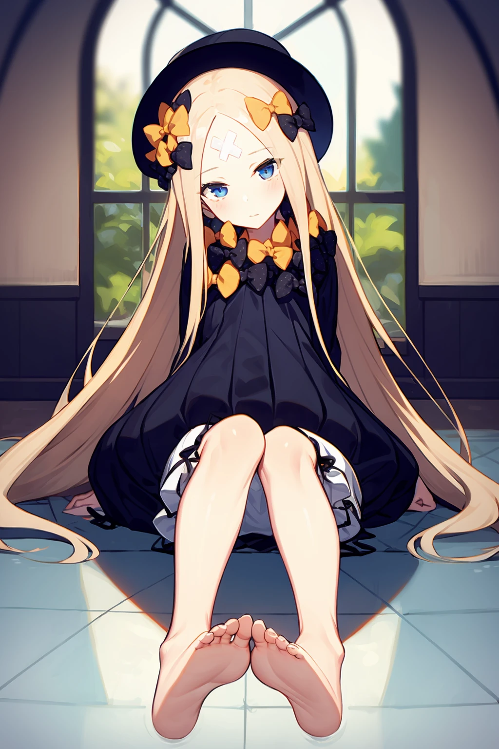 masterpiece, best quality,  <lora:AbigailWilliams:1>,abigail williams (fate), bow, long hair, orange bow, blonde hair, black bow, bloomers, hair bow, tentacles, white bloomers, blue eyes, teddy bear, shoes, hat, stuffed toy, barefoot, dress, polka dot bow, looking at viewer, black dress, black headwear, stuffed animal, underwear, 1girl, bangs, long sleeves, sitting, sleeves past wrists, parted bangs, very long hair, solo, shoes removed, keyhole, bug, lavinia whateley (fate), butterfly, polka dot, black footwear, head tilt, sleeves past fingers, knees up, multiple hair bows, key, forehead, closed mouth, feet, suction cups, mary janes, indoors, crossed bandaids, single shoe, reflection, bandaid, full body, red eyes, bandaid on face