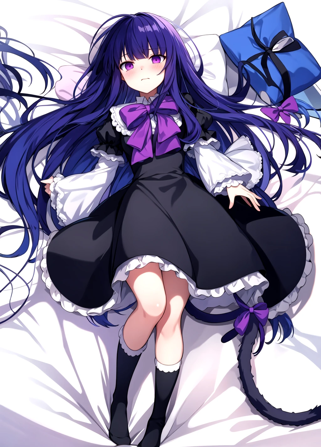 masterpiece, best quality, outdoors, blushes, lies on the bed, frederica bernkastel, hands behind your back, 1girl, tail, solo, purple eyes, dress, long hair, cat tail, blue hair, bow, socks, ribbon, kneehighs, frills, White background, <lora:Frederica Bernkastel anyloraCheckpoint8ep20r512512-000003:0.7>
