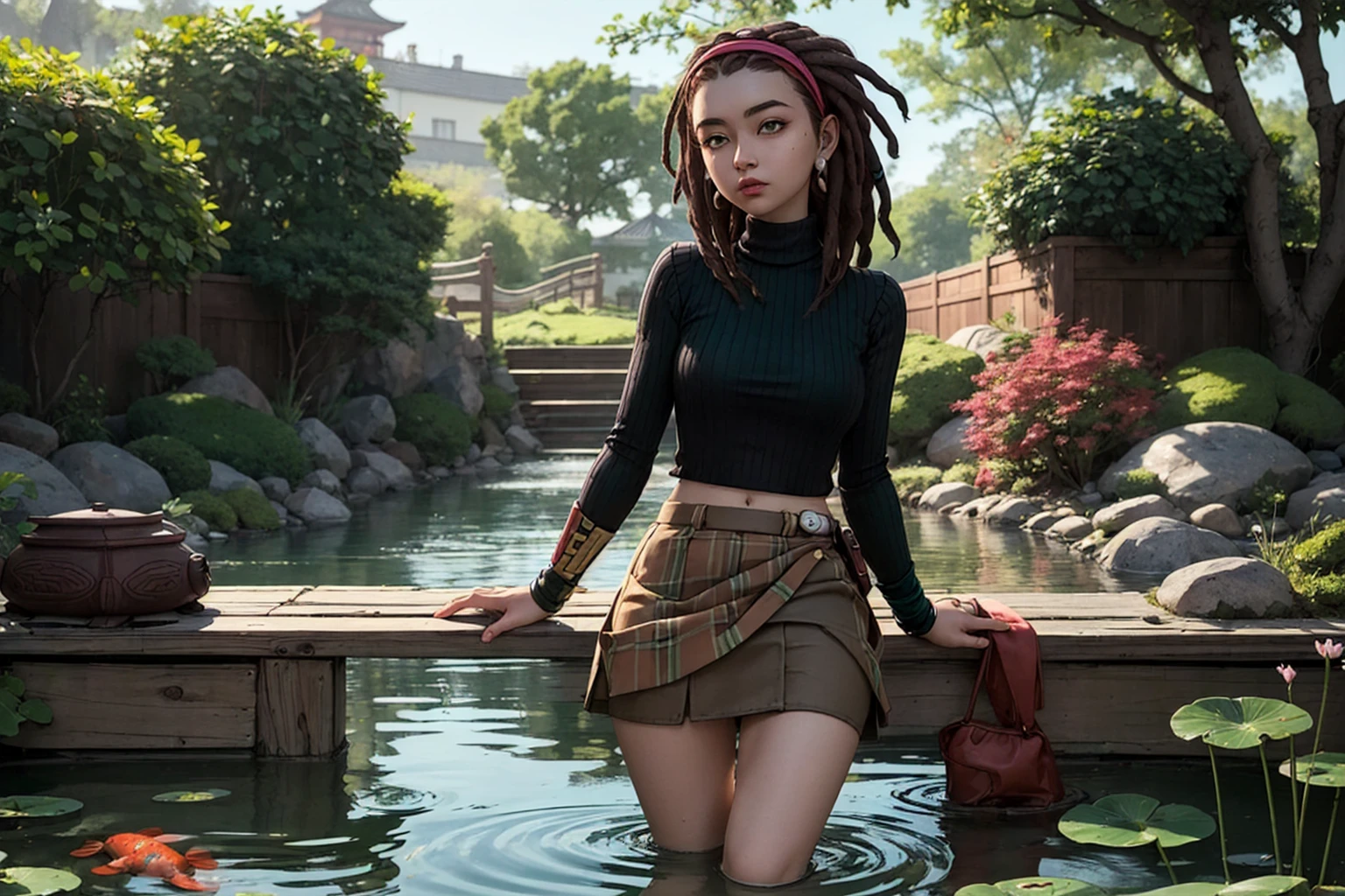 masterpiece, Looking Over Shoulder, Surprised Look, <lora:SashaTFTBv2on1.5:0.7> sashatftb, green eyes, dark skin, 1girl, solo, jewelry, earrings, dark-skinned female, brown hair, dreadlocks, hairband,(turtleneck, skirt:1.2), Asian Zen Garden with a Koi Pond
