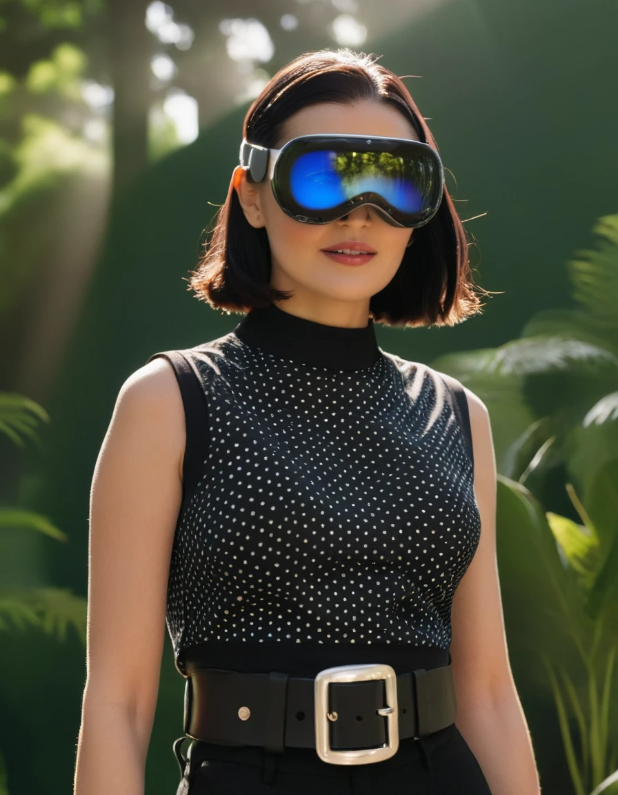 A picture of a woman with shoulder-length dark hair and defined eyebrows stands before a backdrop of lush greenery. She wears a polka-dotted sleeveless crop top with a square neckline and high-waisted black pants with a metallic buckle belt. The sunlight accentuates her hair and shoulders, casting a warm glow. wearing vsnz headset