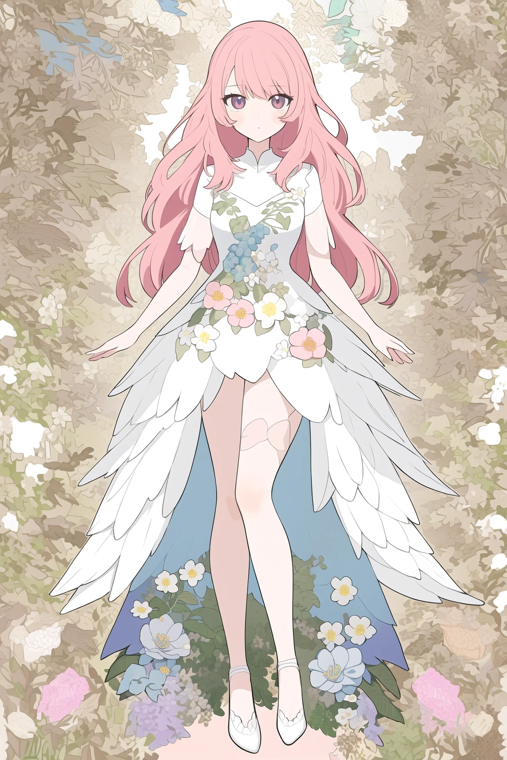 watercolor, masterpiece, best quality, extremely detailed, 1girl, full body, beautiful detailed eyes, cute anime face, full body, beautiful detailed face, pink hair, (Botanical illustration:1.5), white dress, white legwear