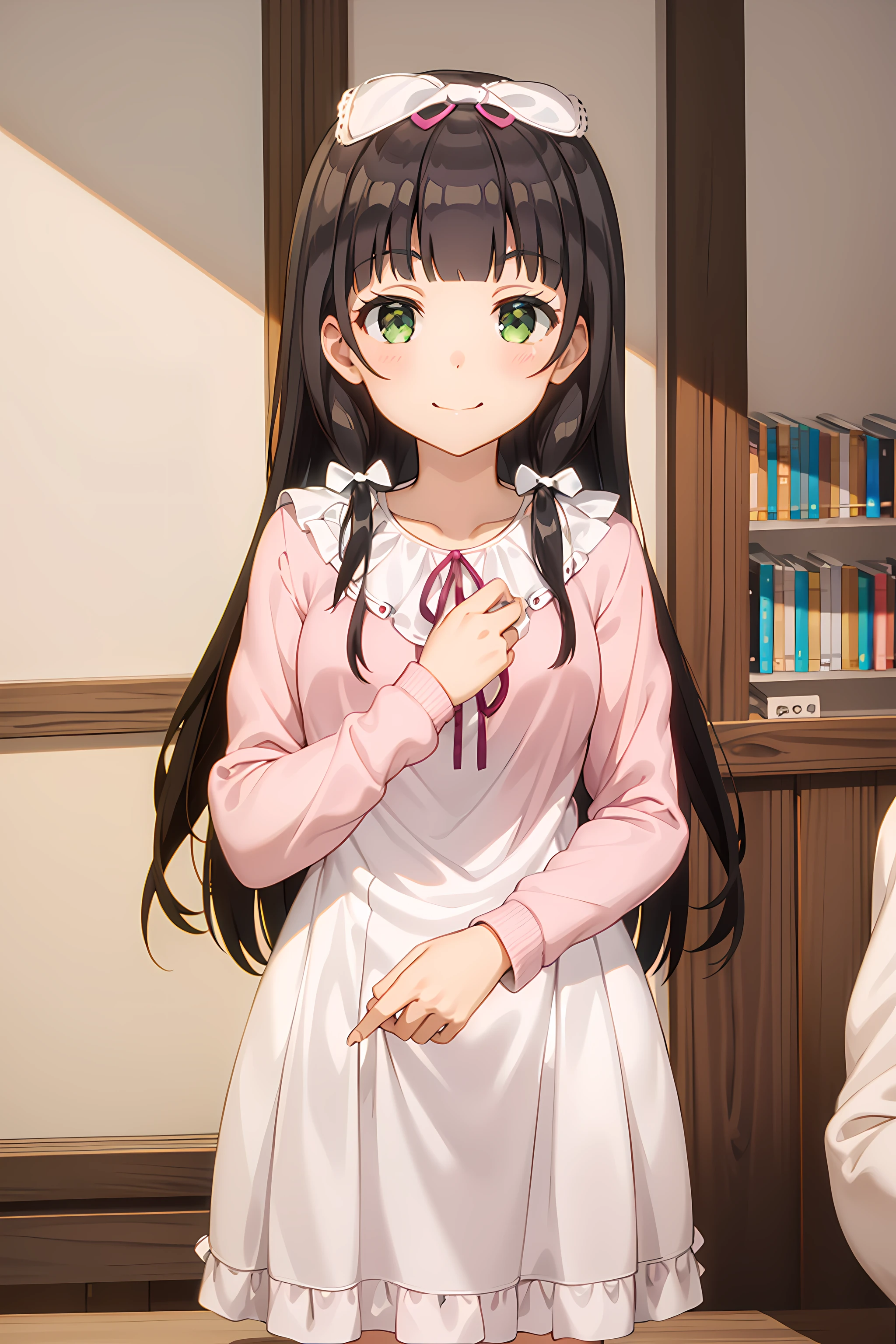 best quality, masterpiece, detailed,
<lora:ImoutoSaeIrebaIi_MikuniyamaKaiko:0.9>, MikuniyamaKaiko,
solo, closed mouth, smile,
long hair, brown hair, green eyes, hair bow, white bow,
KaikoDress, pink dress, ribbon,
standing, looking at viewer,
indoors, bookshelf, table, window