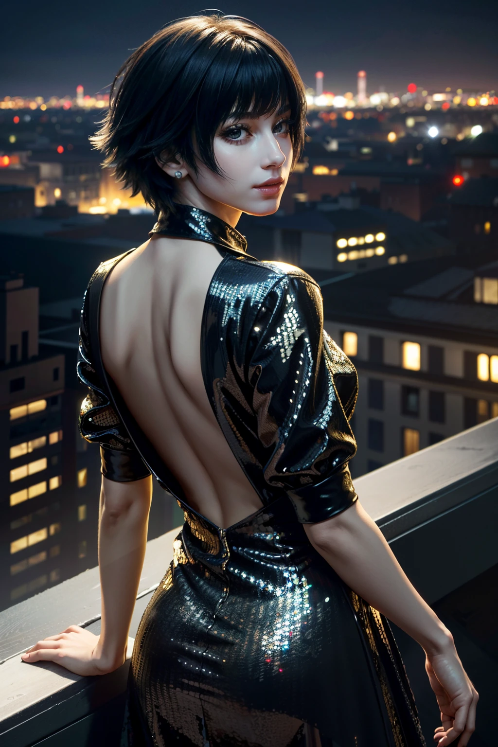 ((ultra detailed, masterpiece, absurdres))
<lora:DMC5Lady:0.9>
DMC5Lady, 1girl, solo, short hair, black hair, Glamorous city rooftop at night, sequined party dress, city skyline, dynamic lighting, detailed reflections.