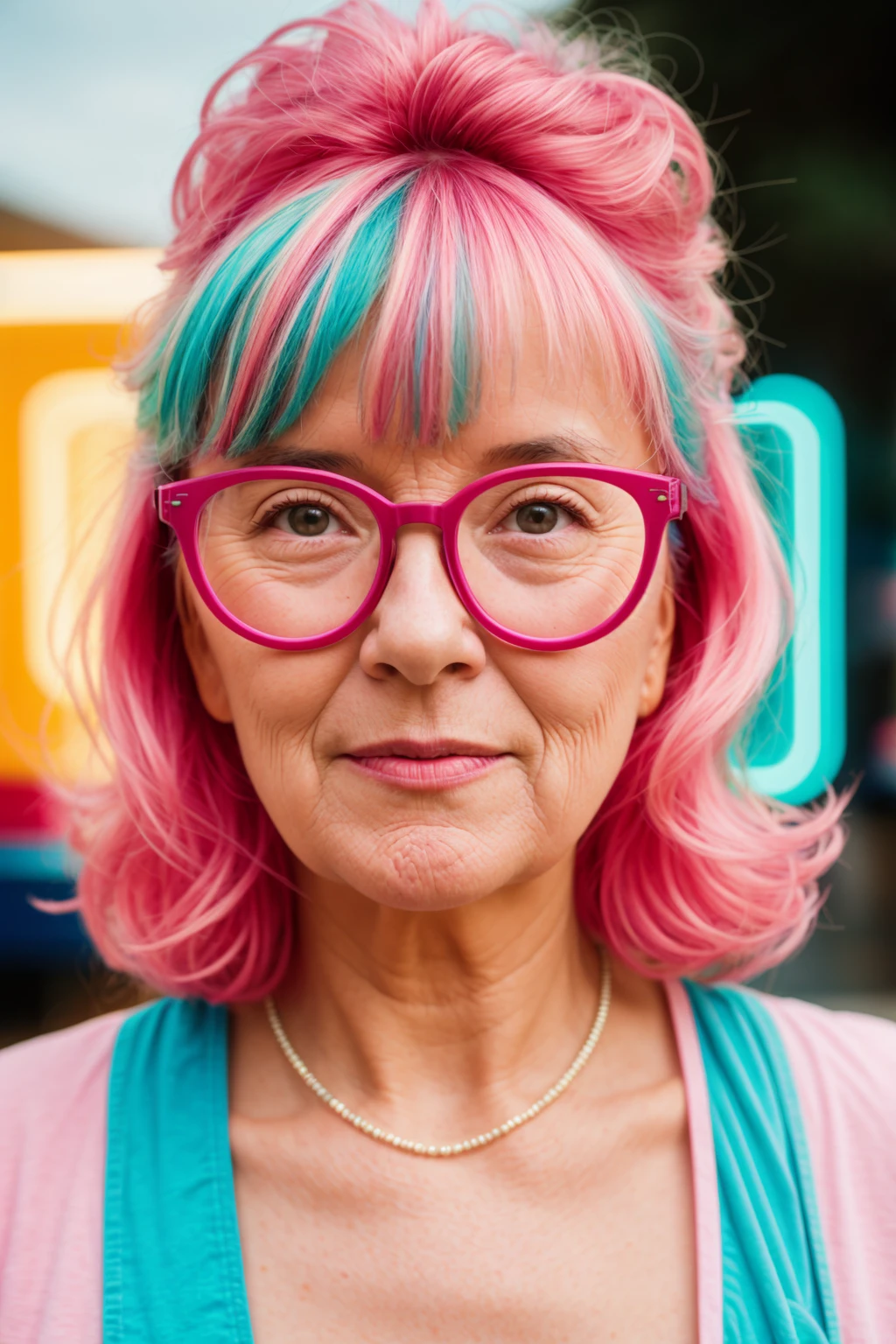 analog film photo anime artwork, grand photograph, Polaroid, excite 65-year-old woman, wearing pink glasses,cute,exited, glowing hair, canon 5d mark 4, neon light, kodak ektar, feminate, pastel colors, curved lines, elaborate detail, art by jc leyendecker faded film, 35mm photo, grainy, vignette, vintage, Kodachrome, Lomography, stained, highly detailed, vaporwave style, subsurface scattering, ultra hd, 4k, high def, Photorealistic, Hyperrealistic, Hyper detailed, analog style, realistic, masterpiece, best quality, ultra realistic, 8k, Intricate, High Detail, film photography, soft lighting,  heavy shadow