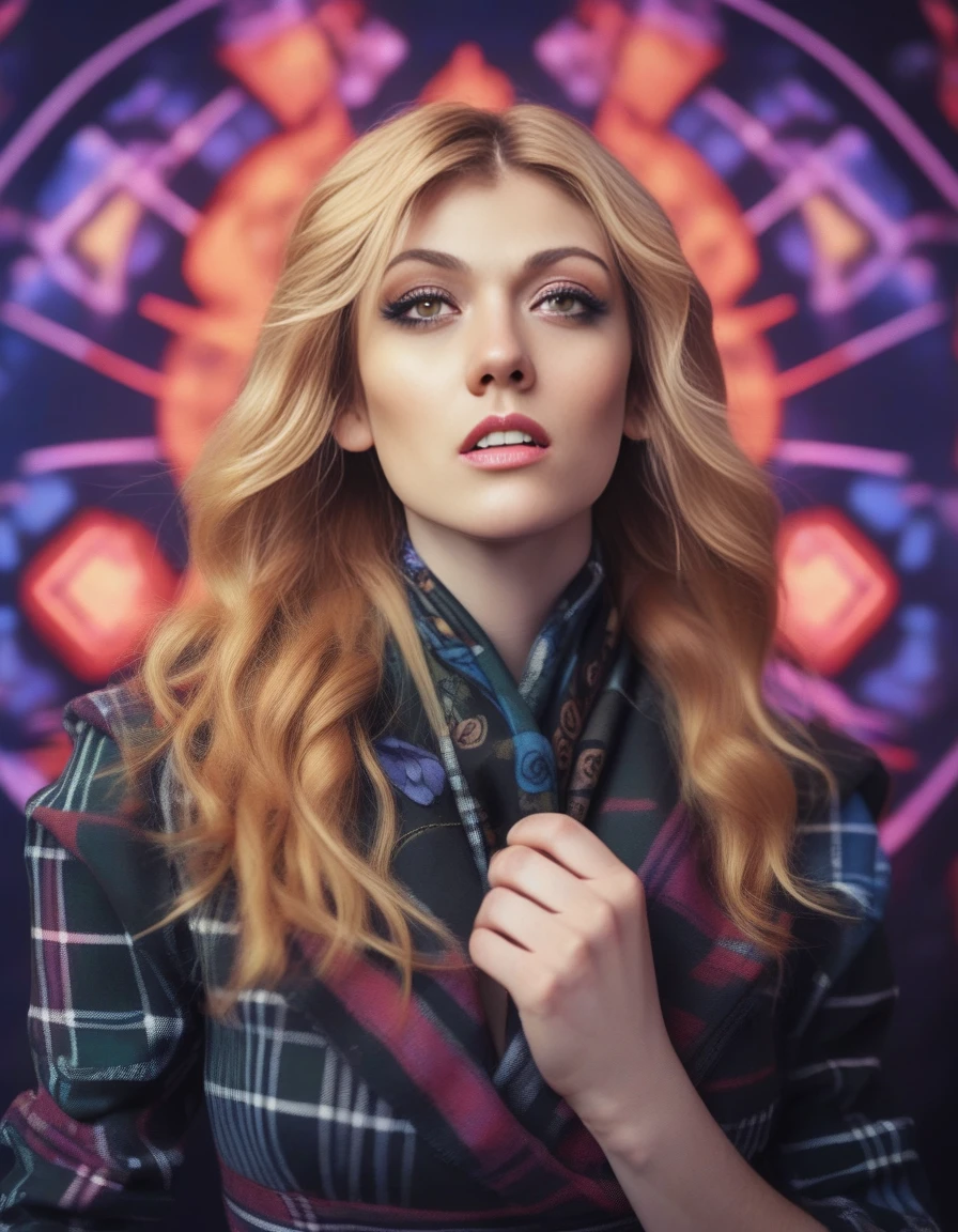 KatherineMcnamara, photograph, Conversational Hostile Female Lich, torn dress, stylized, Lapel Pin, Tartan Scarf, Cybernetic Eye, Illustration, Screaming, Pre-raphaelitism, Bloom light, film grain, Kodak portra 400, F/5, extremely detailed CG Unity 8k wallpaper, <lora:KatherineMcnamaraSDXL:1>