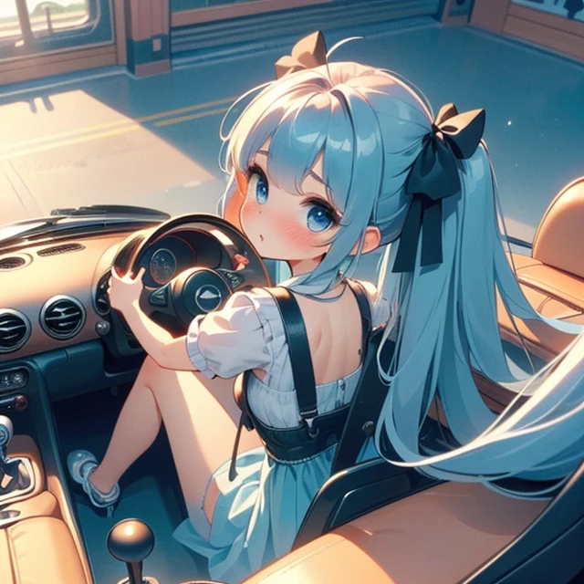 (((masterpiece))),  (((best quality))),  (((from behind))),  (((from above))),  (((looking viewer))),  (((half body))),  (((1girl sitting on mini car))),  (((ground in indoor))),  (((amusement park))),  (((one-hand on steering wheel))),  drifting,  cyan cute little dress,  wind,  ribbon longhair,  shy,  blush,<lora:EMS-262092-EMS:1.000000>