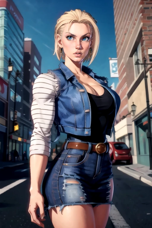 masterpiece,best quality,extreme detail,8k,<lora:cammy6:0.8>,cammysf6,1girl,solo,breasts,looking at viewer,short hair,blue eyes,skirt,blonde hair,large breasts,shirt,long sleeves,cleavage,jewelry,jacket,earrings,striped,belt,vest,lips,denim,ground vehicle,motor vehicle,realistic,car,denim skirt,striped sleeves,denim jacket,