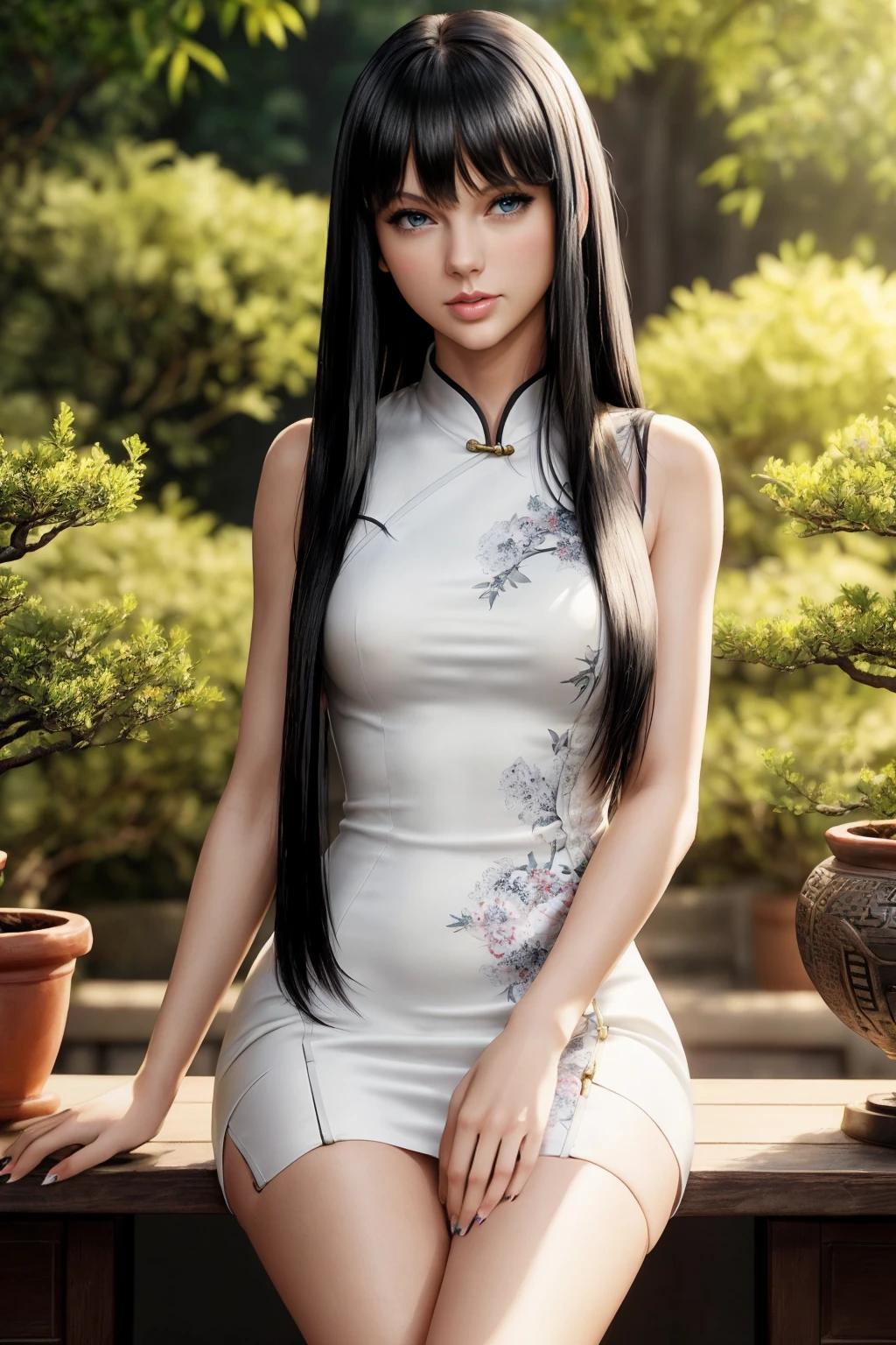 Taylor Swift with (long straight black hair, bangs:1.45), (toned strong arms), clear glossy eyes, flawless round iris, a (China dress, cheongsam), admiring a bonsai tree in a Japanese garden, (happy, smiling, sultry:0.6), face details, soft light, intricate details, freckles, photorealistic, (masterpiece, best quality), flawless fingers, ultra detailed skin, (skin imperfections:0.4), bokeh, ultra high quality, summer, casual, intricate background, sunlight, cowboy shot <lora:add_detail:0.6>