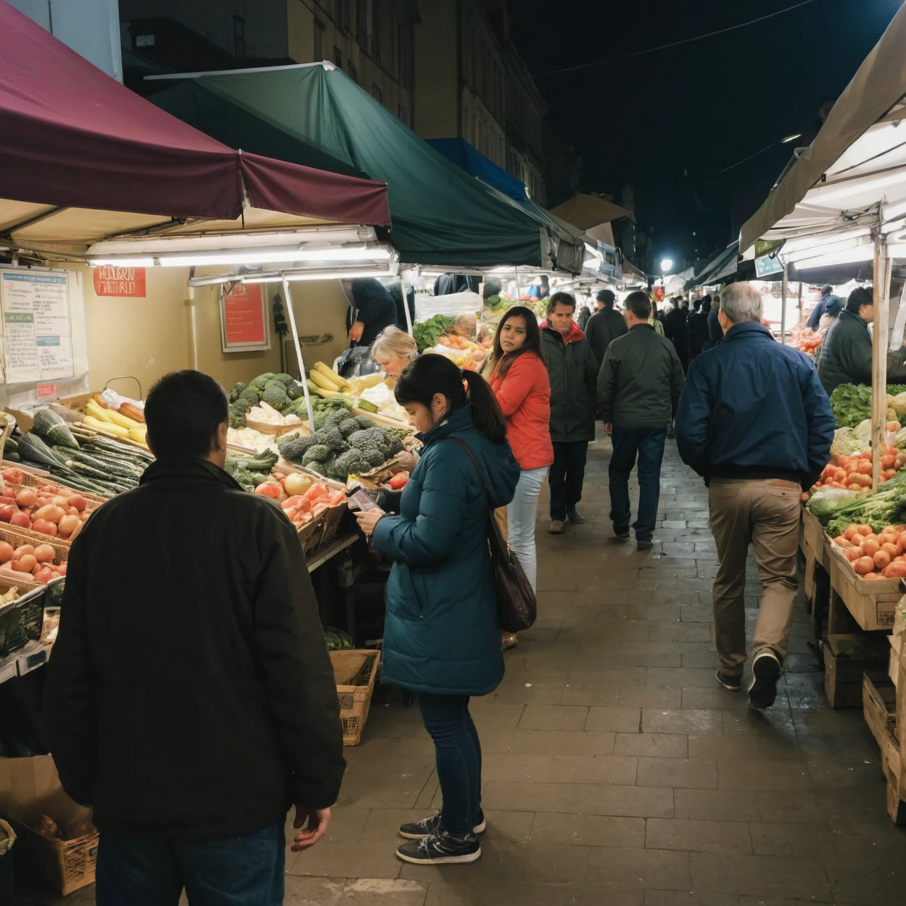 amateur photography of people at market . casual, f/16, noise, bad light