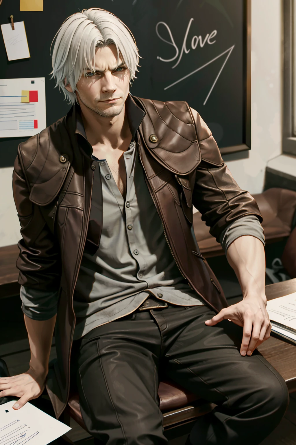 ((ultra detailed, masterpiece, absurdres))
<lora:DMC5Dante:0.9>
DMC5Dante, 1boy, solo, short hair, white hair, Steampunk-inspired attire, warm tungsten lighting, sitting on a vintage leather chair, retro-futuristic cool