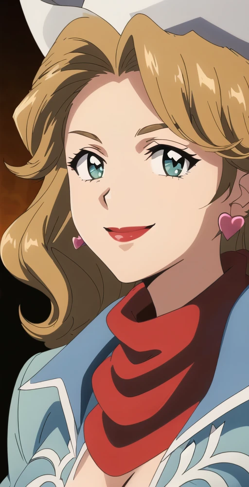 Judy, 1girl, solo, close-up, portrait, looking at viewer, smile, cowboy hat, heart earrings, red scarf, perfect quality, good quality, masterpiece, HDR, UHD <lora:Judy-000001:0.8>