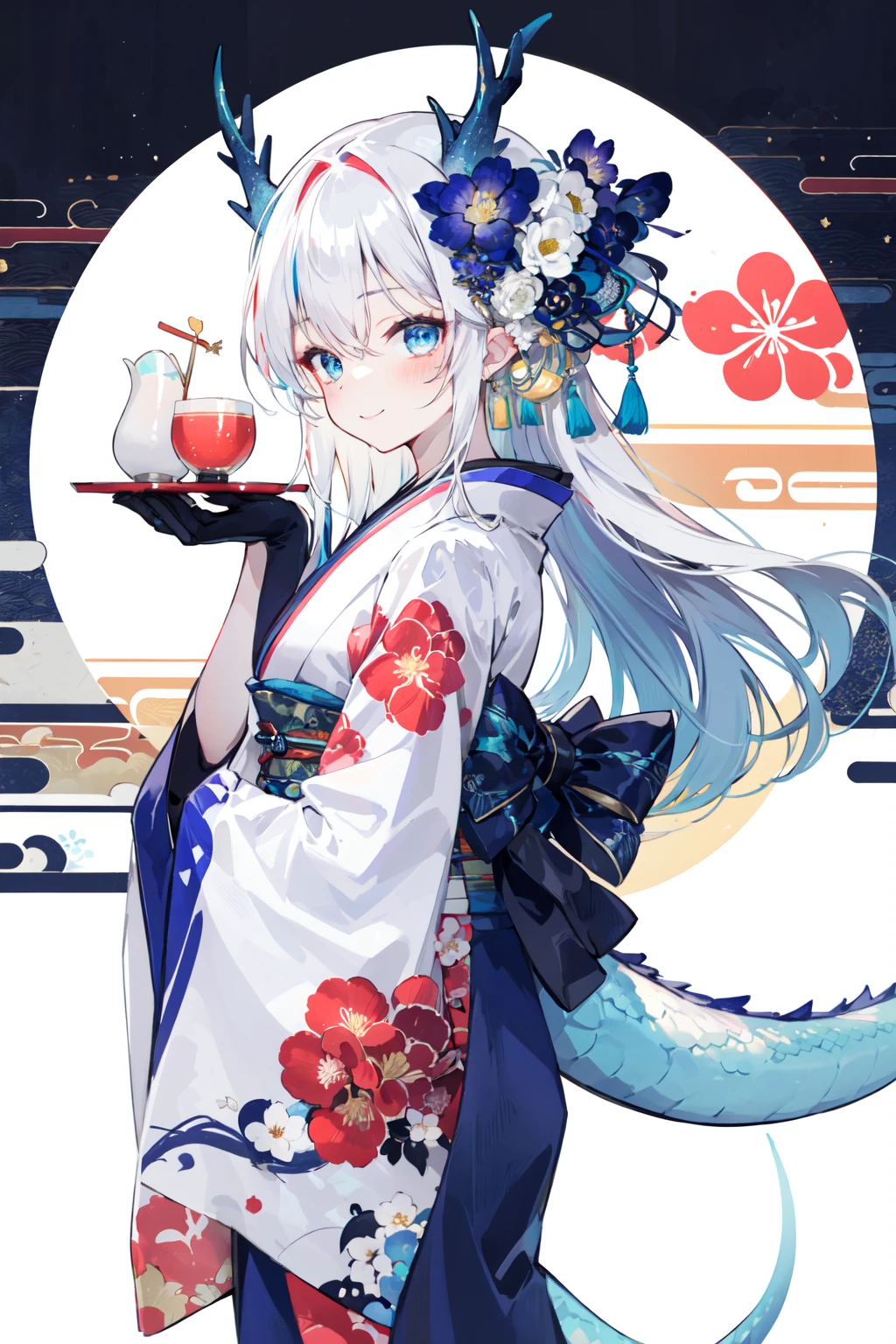 -dragon girl, 1girl, solo, tail, kimono, horns, blue eyes, japanese clothes, gloves, floral print, dragon girl, long hair, white background, dragon tail, flower, looking at viewer, obi, hair ornament, black gloves, blue flower, bangs, sash, long sleeves, white kimono, hair flower, white hair, dragon horns, wide sleeves, hair between eyes, print kimono, simple background, closed mouth, hand up, blush, smile, multicolored hair, bow, blue bow, from side, standing, looking to the side, floral background<lora:dragon girl_20240110103648-000018:0.8>,