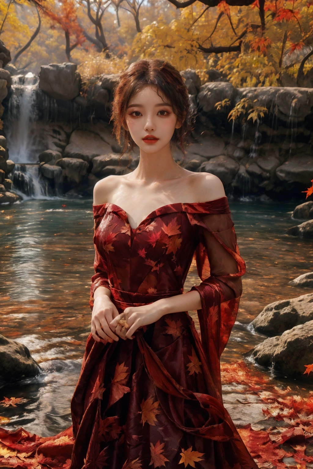 (fashion magazine cover:1.2),(full-size photograph:1.2),(a beautiful and delicate girl:1.2),gorgeous formal attire,(fashion design:1.1),a tender and watery gaze,elegant,
(waterfall:1.1),((Dadaism)),(smoky:1.1),ð,warm and delicate sunshine,<lora:maple leafðå¶è½ç°å¢_v1.0:0.8>,