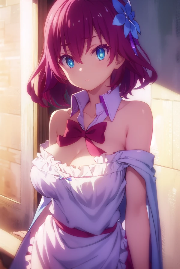 stephaniedola, <lora:stephanie dola s1-lora-nochekaiser:1>, 
stephanie dola, blue eyes, hair ornament, flower, red hair, hair flower,
BREAK dress, bow, bare shoulders, cape, red bow, gemstone, apron, skirt, frills, high collar, cleavage,
BREAK indoors,
BREAK looking at viewer, (cowboy shot:1.5),
BREAK <lyco:GoodHands-beta2:1>, (masterpiece:1.2), best quality, high resolution, unity 8k wallpaper, (illustration:0.8), (beautiful detailed eyes:1.6), extremely detailed face, perfect lighting, extremely detailed CG, (perfect hands, perfect anatomy),