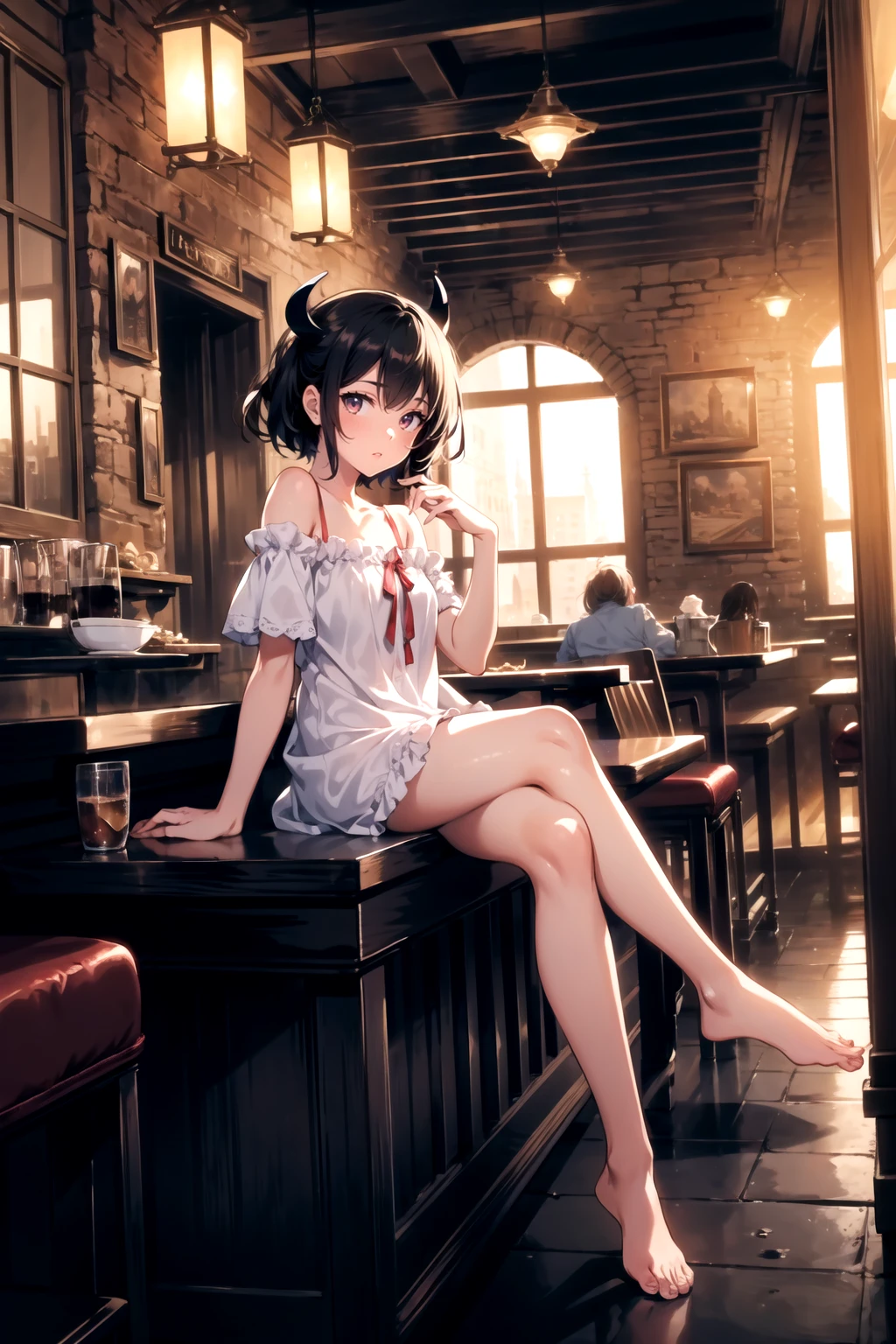 1girl, (nightgown:1.1), demon wing, low wings, tail, cafe, tavern, sitting, crossed legs, facing viewer, ((Establishing Shot, Ground Level Shot, Full Front Staging, Looking At Viewer, Face, Front)), Volumetric Lighting, Volumetric Light, Volumetric, <lora:add_detail:0.4>