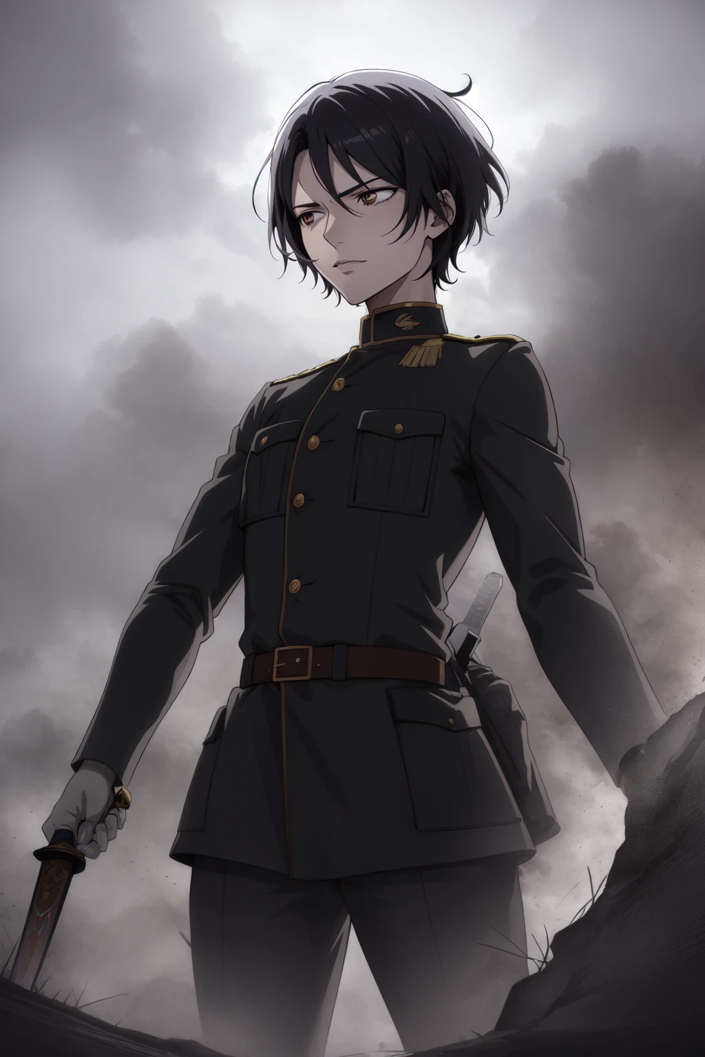 Anime illustration of 1man, short hair, fighting a war on the trenches, 4k, waist up shot, centered, detailed, looking at viewer, sad, sword, distant