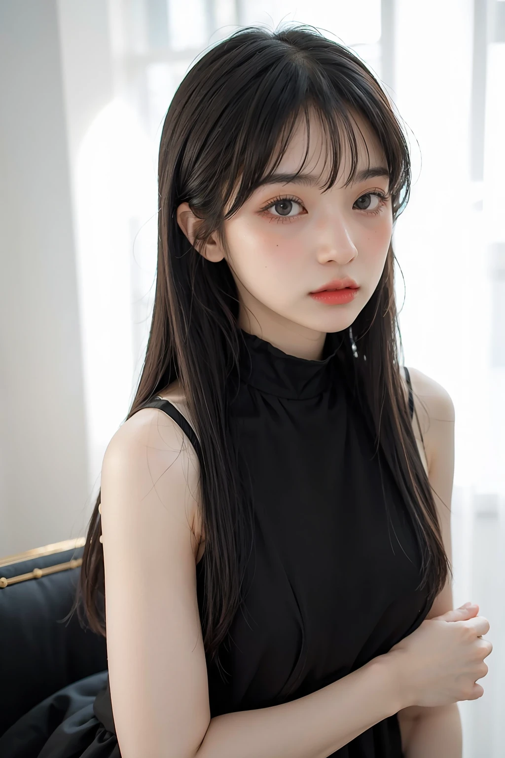 1girl,hair with bangs,black long dress,white background, <lora:bllncp-04:1>