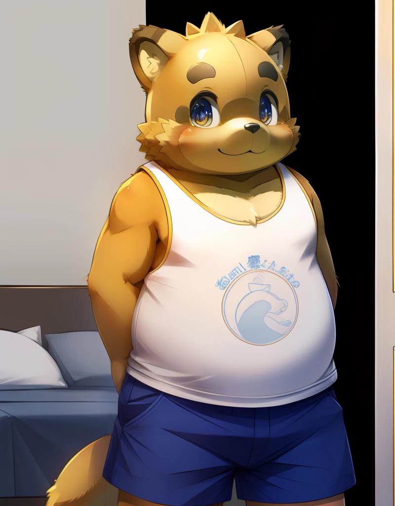 (((detailed eyes, detailed face))), (furry, yukiharu <lora:character_yukiharu_findigo_v3:1>, two-tone fur, brown snout, brown mouth, tanuki), male, (solo), (plump, fat, chubby, overweight), (white tank top, print shirt, blue shorts), standing, (arms behind back), smile BREAK (konzaburou, ukan_muri, cute), bedroom, (flat shading, flat color, high brightness), 8k, UHD, masterpiece, (full body)