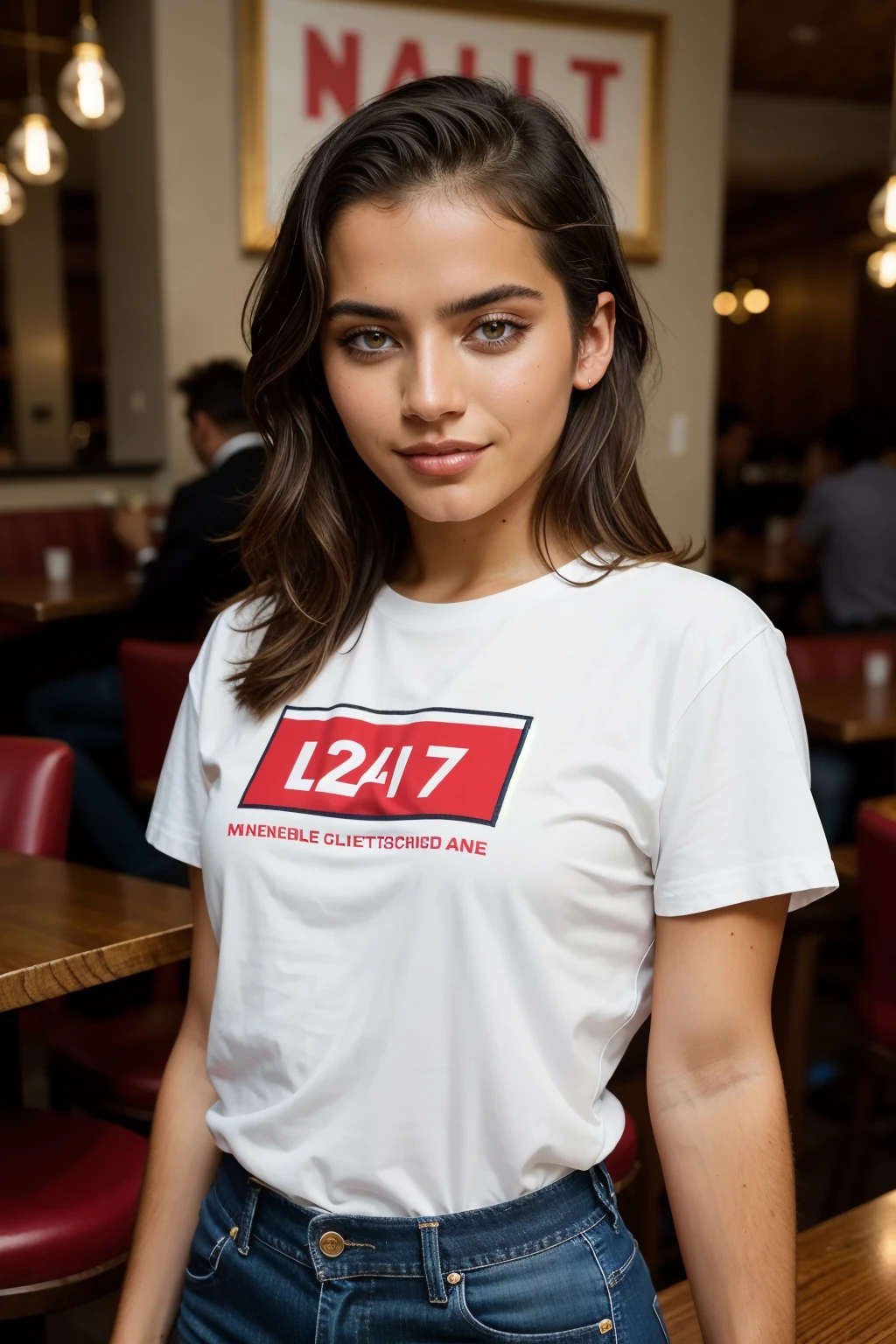 (masterpiece, best quality, high resolution:1.2), (seductive pose:1.2), (dynamic angle), detailed background,
cinematic shot, digital photo, shot on ARRI ALEXA 65, bokeh, sharp focus on subject, shot by Bert Stern, depth of field, cinematic lighting, hard shadows,
detailed face, detailed eyes, detailed skin, extremely detailed, intricate details,
(1girl, 21 years old), <lora:ZH_IMerced_v1:1>, zh_imerced, solo, realistic, black hair, brown eyes, dark skin, dark-skinned female, lips, looking at viewer, slight smile, t-shirt, jeans, restaurant, (close-up, portrait)