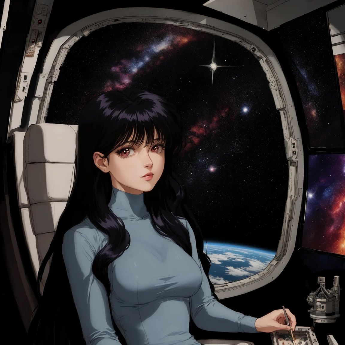 masterpiece HDR,Lisa Hayes, portrait painting of woman, long hair, space, inside spaceship
