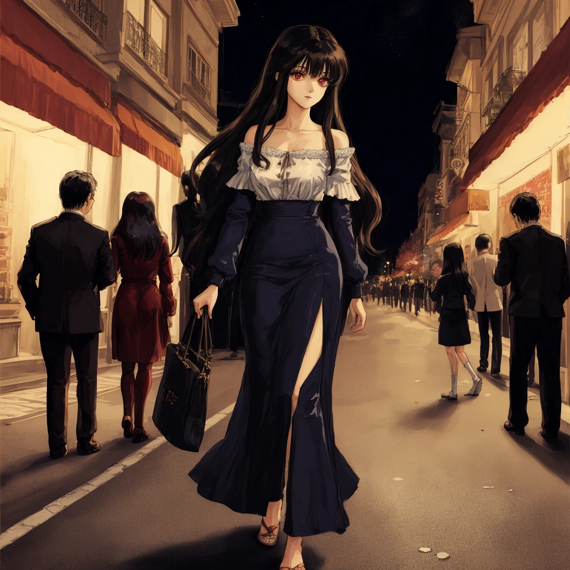 masterpiece HDR,tomie, portrait painting of woman, long hair, walking, street, night