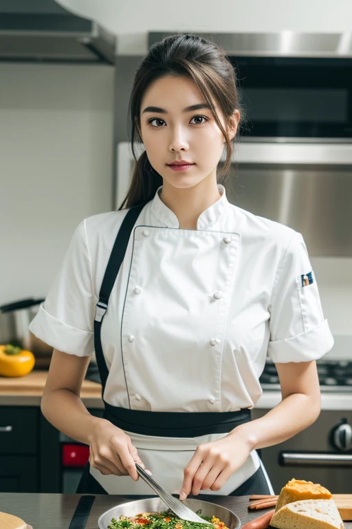 1girl,(chef:1.2),chef's uniform with apron,tied-back hair for practicality,determined and confident expression,(holding a cooking utensil:1.3),well-equipped kitchen background,stainless steel appliances,hanging pots and pans,neatly arranged ingredients,warm and inviting lighting,(preparing a dish:1.2),close-up shot,showcasing culinary expertise,nice hands,perfect hands,8k,Best quality,realistic style.,