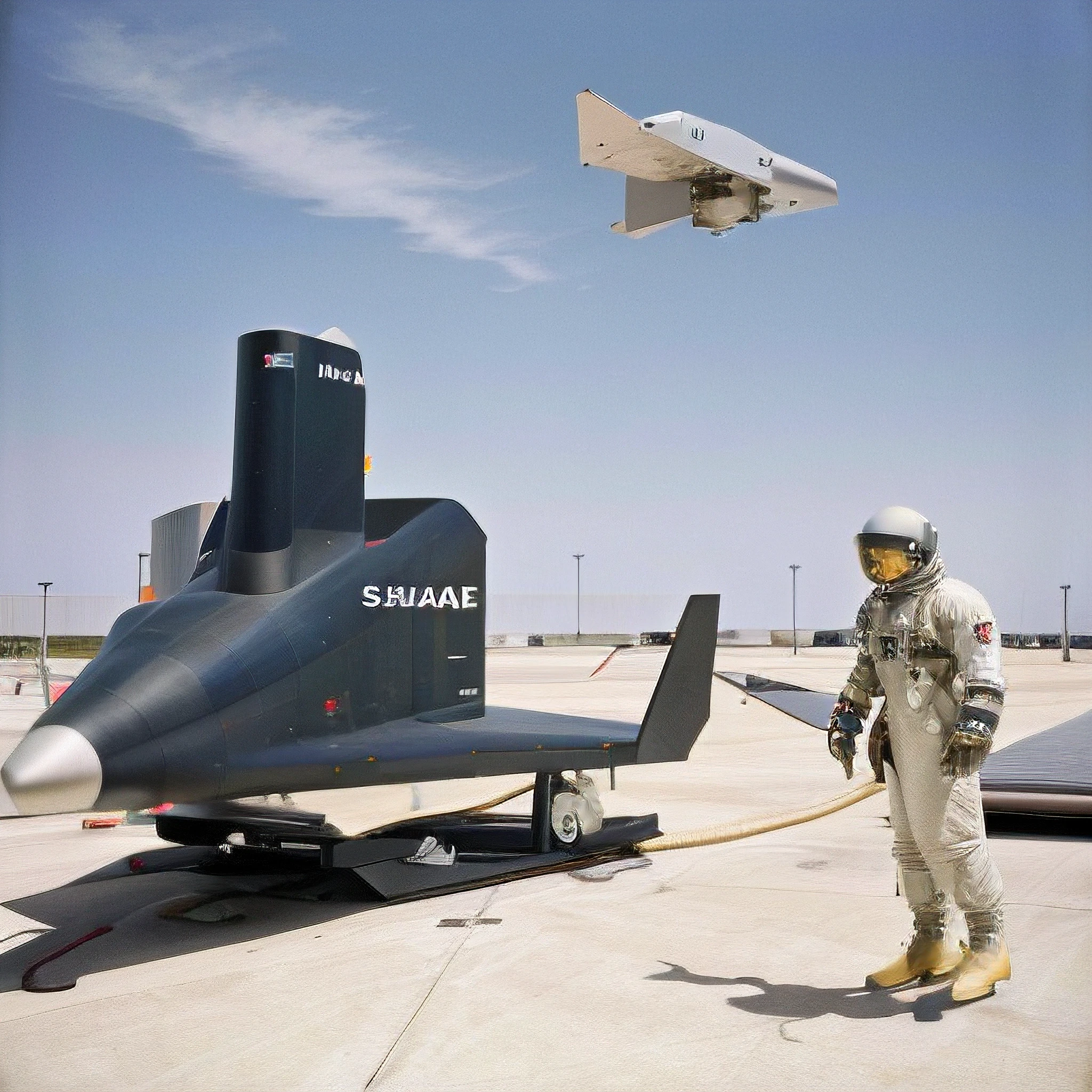 Dyna-soar, 1961, colorized historical spaceflight photo, astronaut standing next to space shuttle on a runway, g4c, astronaut, spacesuit, gold_visor_down, solo, airforce base, nevada, High Detail, Sharp focus, (photorealism), realistic, best quality, 8k, side view, x-20 <lora:X-20_Dynasoar:1.3> <lora:Gemini_Suit:1>