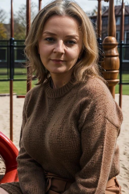 a mature L1873T Earthy Red jumper, playground <lora:Liz_Truss2:1> masterpiece, best quality, detailed face,, 1girl, solo, l1873t, realistic, breasts