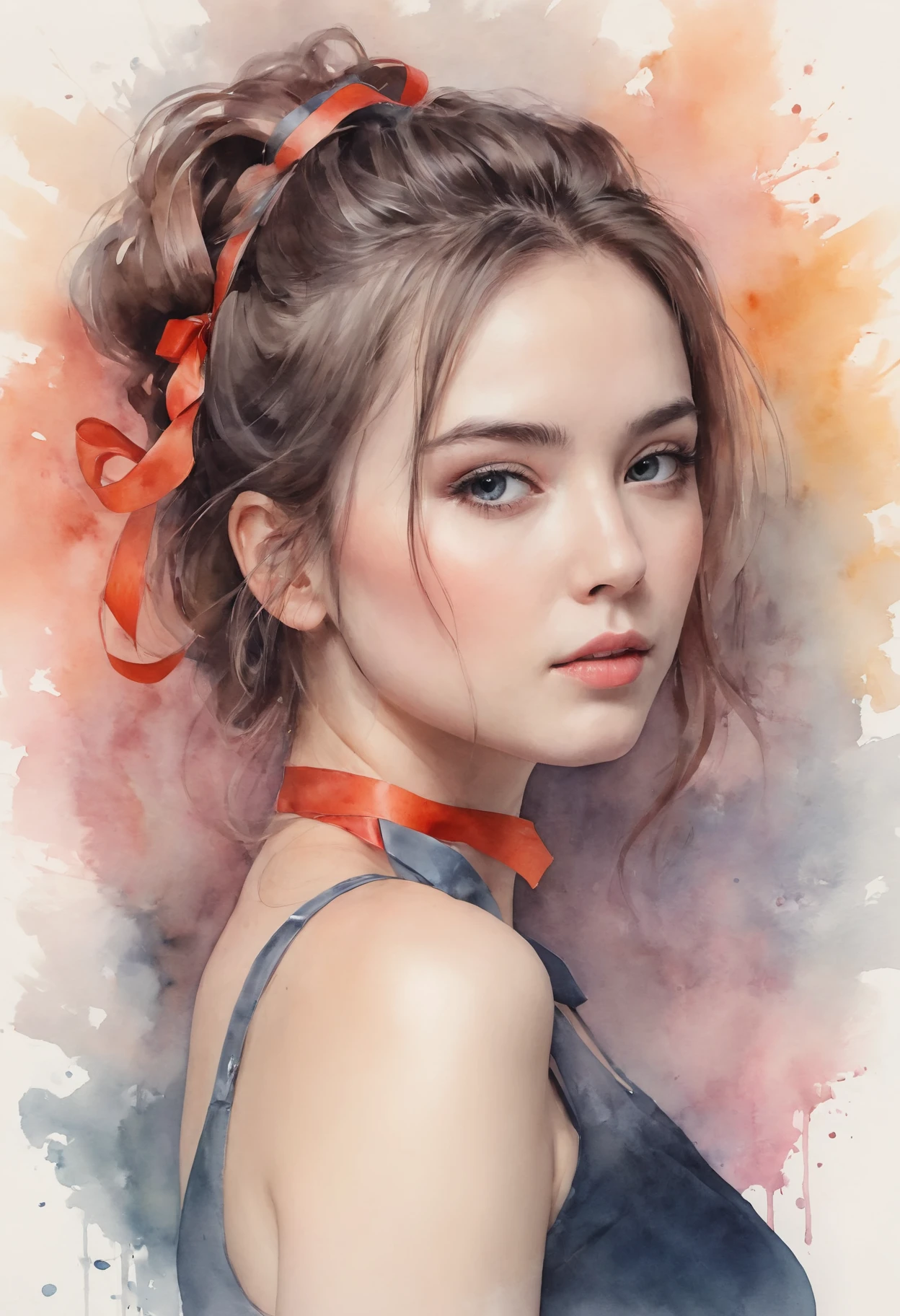 (8k, best quality, masterpiece:1.2),(best quality:1.0), (ultra highres:1.0), watercolor, a beautiful woman, shoulder, hair ribbons, by agnes cecile, half body portrait, extremely luminous bright design, pastel colors, (ink:1.3), autumn lights