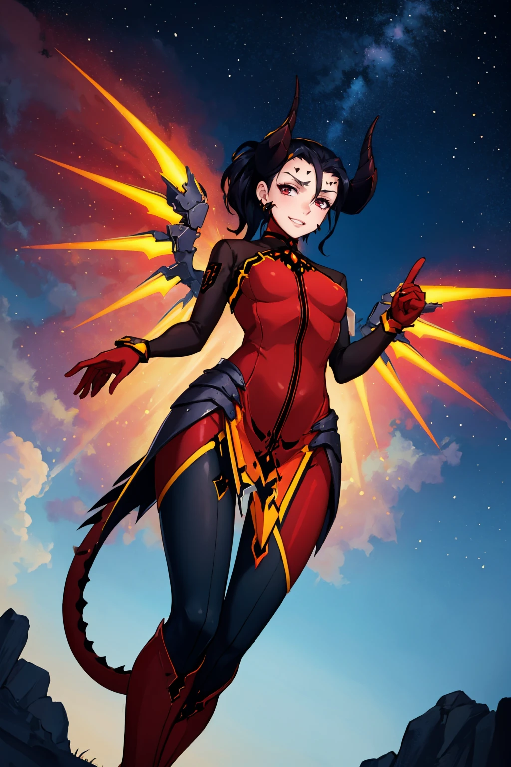 masterpiece, best quality, <lora:devilmercy-nvwls-v1-000008:0.9> devilmercy, black hair, demon horns, forehead mark, black sleeves, red bodysuit, long sleeves, red gloves, pelvic curtain, mechanical wings, black leggings, red boots, (from below), night sky, flying, looking at viewer, grin, furrowed brow, demon tail