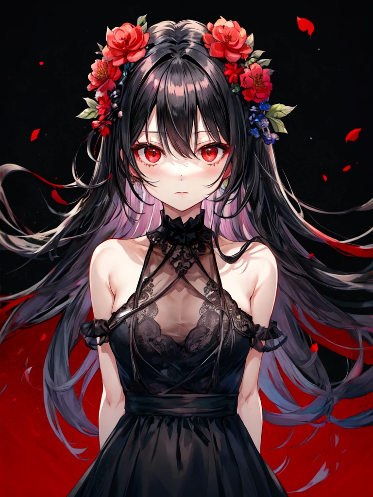 1girl, solo, mask, arms behind back, long hair, red eyes, black background, black hair, simple background, upper body, bare shoulders, dress, hair flower, hair ornament, official alternate costume, bangs, hair between eyes, very long hair