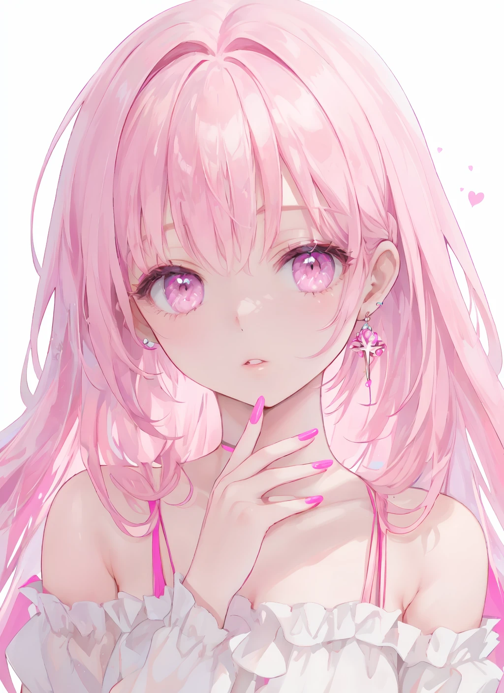 1girl, solo, looking at viewer, pink hair, earrings, jewelry, pink eyes, parted lips, pink nails, bangs, upper body, nail polish, bare shoulders, hy-style, beautiful eyes