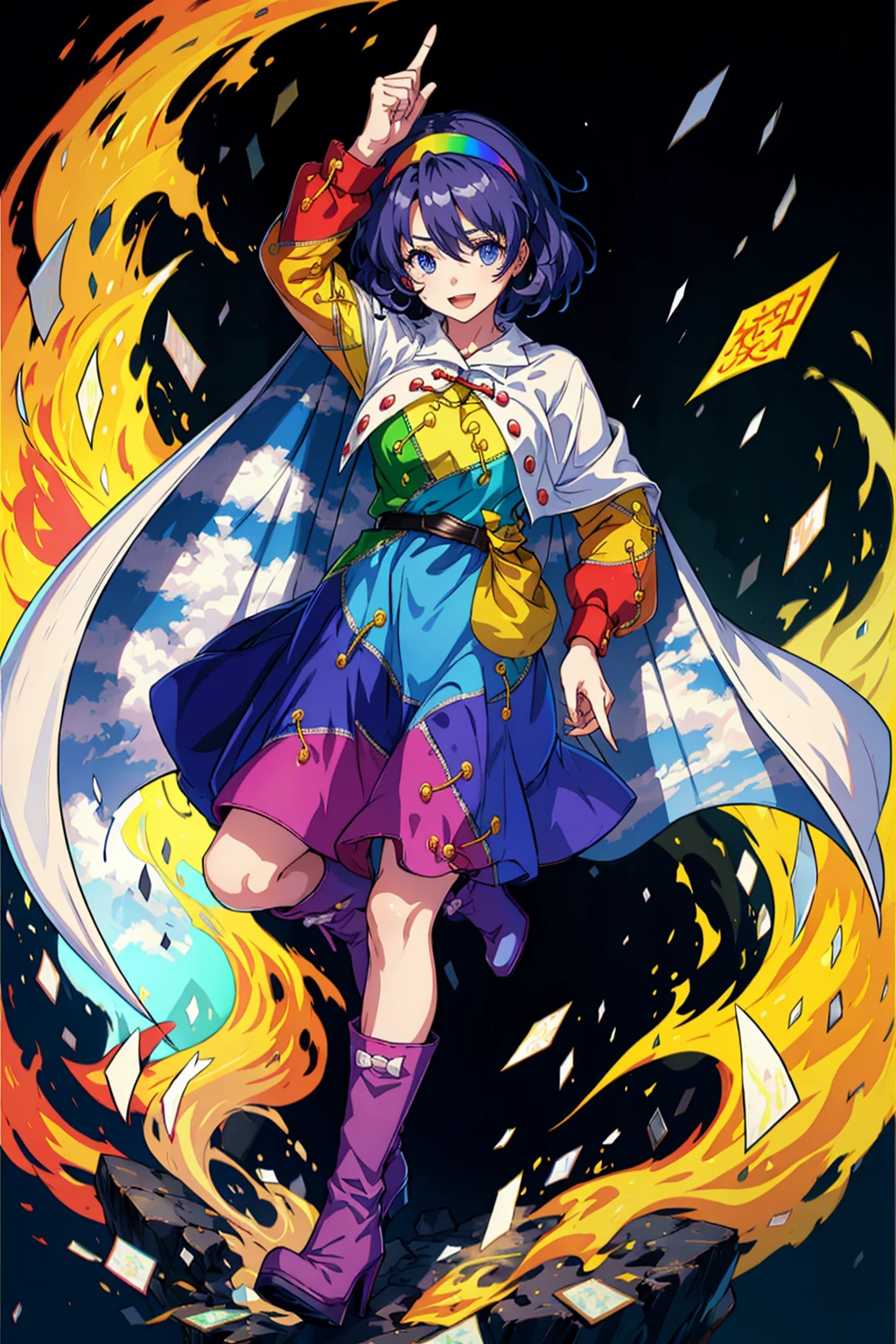masterpiece, best quality,
<lora:tenkyuuchimata:1>,
tenkyuu chimata, 1girl, boots, short hair, dress, solo, sky print, white cape, open mouth, long sleeves, pointing, multicolored clothes, rainbow gradient, multicolored hairband, pointing up, arm up, bangs, cape, zipper, purple footwear, smile, hairband, patchwork clothes, high heels, purple hair, looking at viewer, white cloak, full body, two-sided fabric, multicolored dress, cloak, bag, buttons, blue hair, high heel boots, yellow hairband, knife, two-sided cape, hair between eyes, breasts, purple eyes, black footwear, yellow bag, belt, blue eyes, yellow dress, cloud print