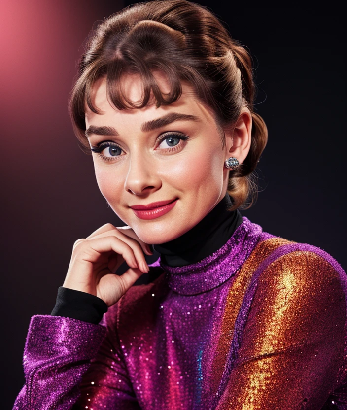 <a8dr1>, Ultra-HD-realistic-details, upper body, Black background, smile, Colorful dress, turtleneck, 60s style, Soft and sweet feature, jewelry